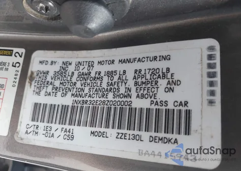 2008 Toyota Corolla Ce z USA, uszkodzony, nr VIN 1NXBR32E28Z020002